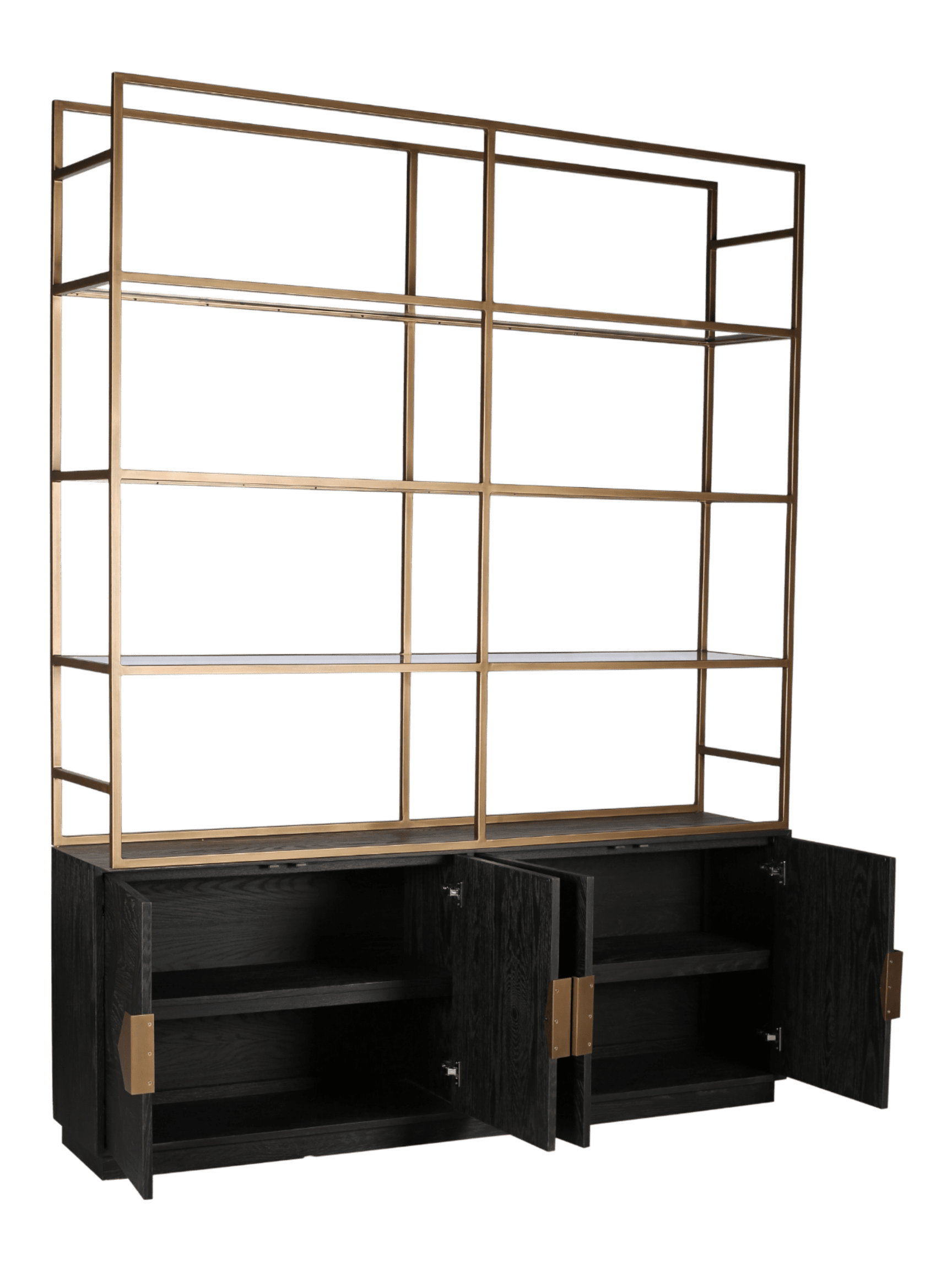 Jorge 4 Door Bookcase Black / Brass With Glass Shelf