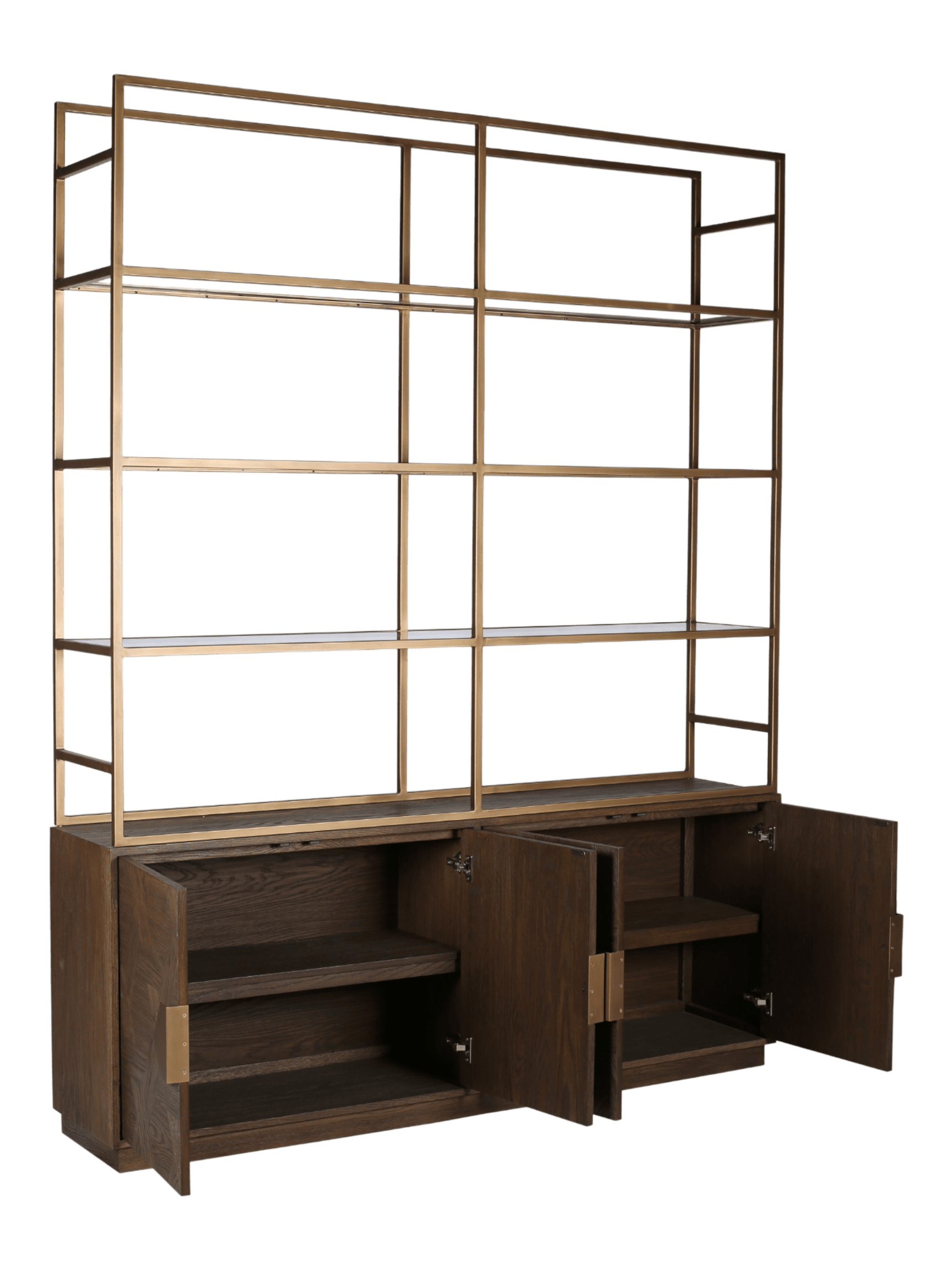 Jorge 4 Door Bookcase Brown / Brass With Glass Shelf