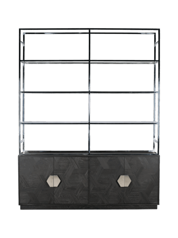 Jorge 4 Door Bookcase Black / Silver With Glass Shelf