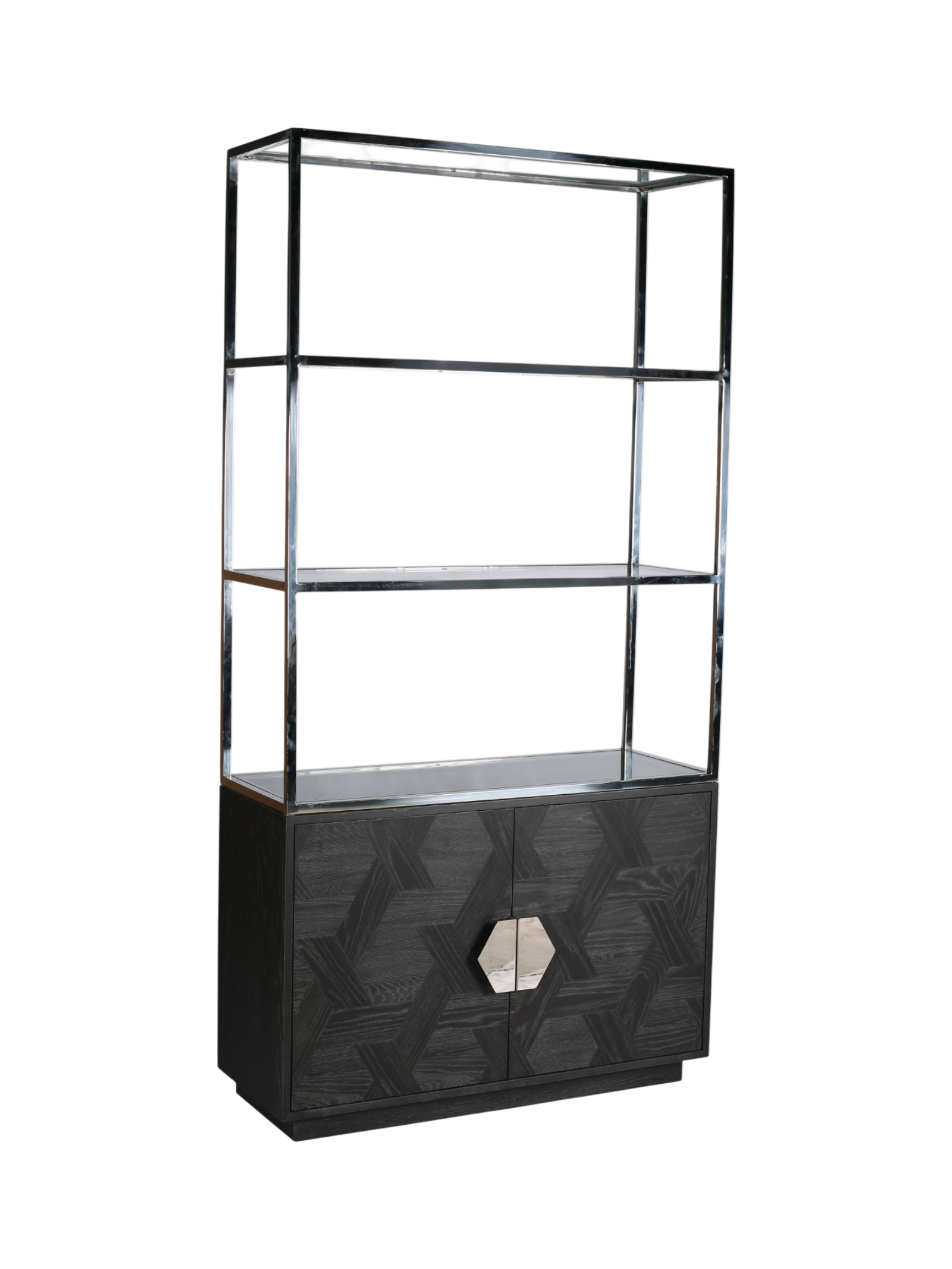 Jorge 2 Door Bookcase Black / Silver With Glass Shelf - Straight Shelf Layout