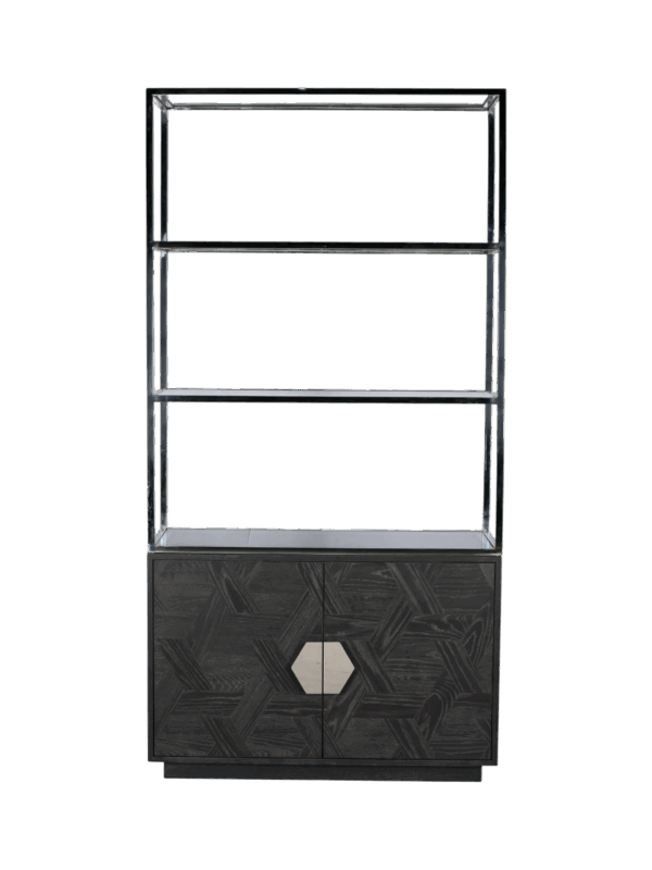 Jorge 2 Door Bookcase Black / Silver With Glass Shelf – Straight Shelf Layout