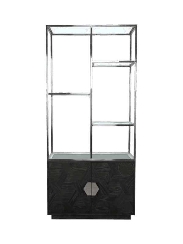 Jorge 2 Door Bookcase Black / Silver With Glass Shelf – Mixed Shelf Layout